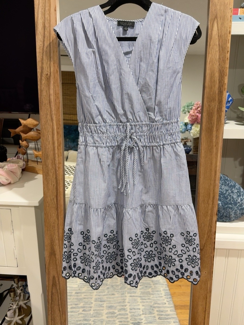 Rachel Zoe Blue White Stripe Eyelet Embroidered Cotton Dress S